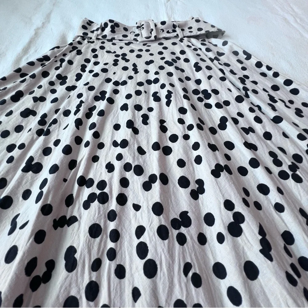 Tahari Belted Elastic Waist Black Beige Polka Dot Linen Blend Midi Skirt Women 8 - Picture 7 of 14